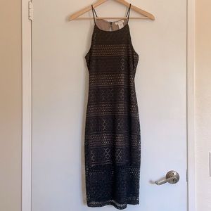 Midi black crochet like dress, tan slip under